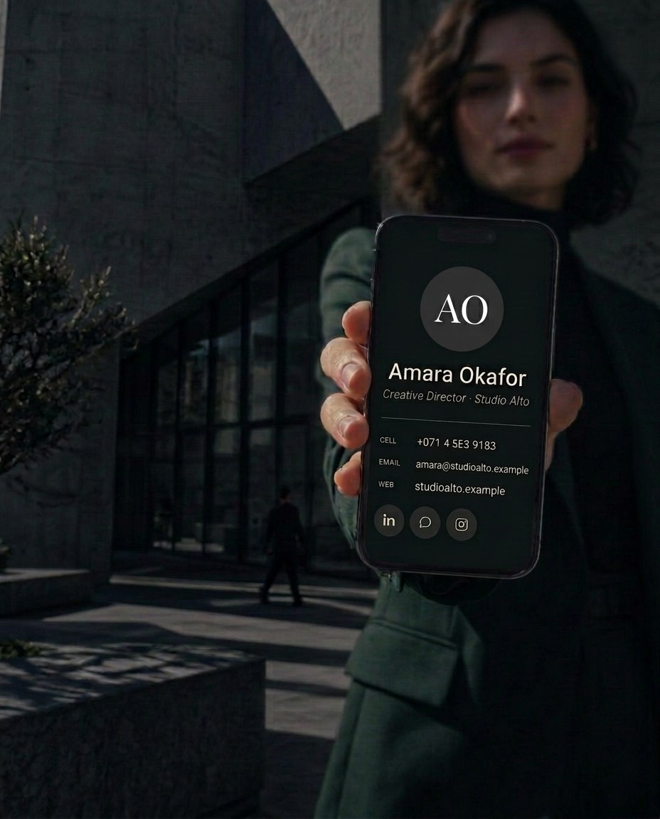 A professional holding out a phone displaying a Alto cards digital visiting card